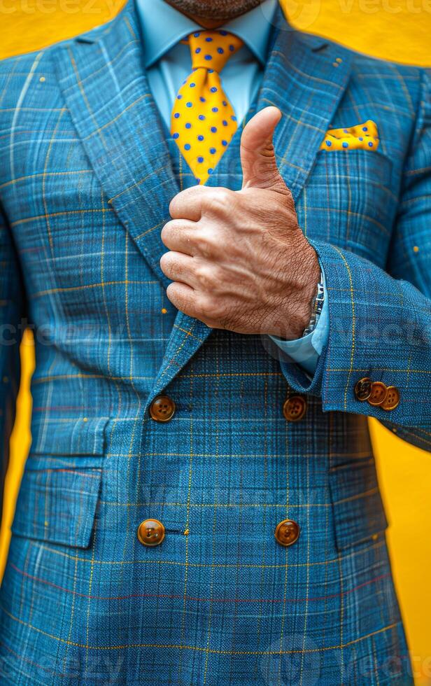 A man wearing a blue suit and a yellow tie is giving a thumbs up. The man is standing in front of a yellow wall photo