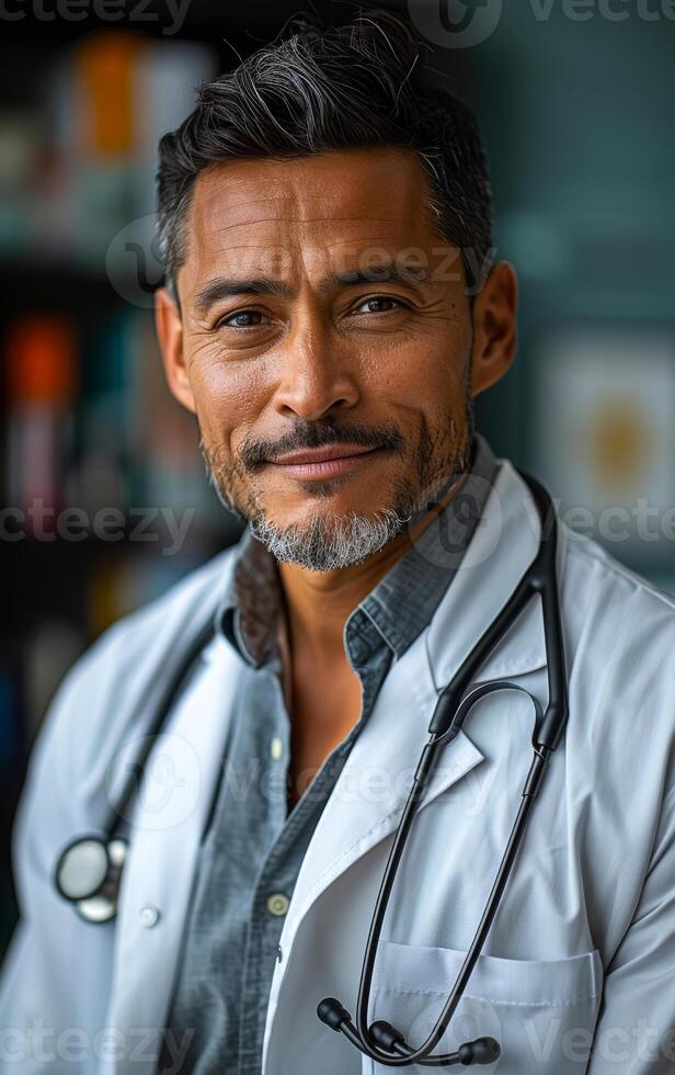 A man in a white lab coat is smiling for the camera. He is wearing a stethoscope around his neck photo
