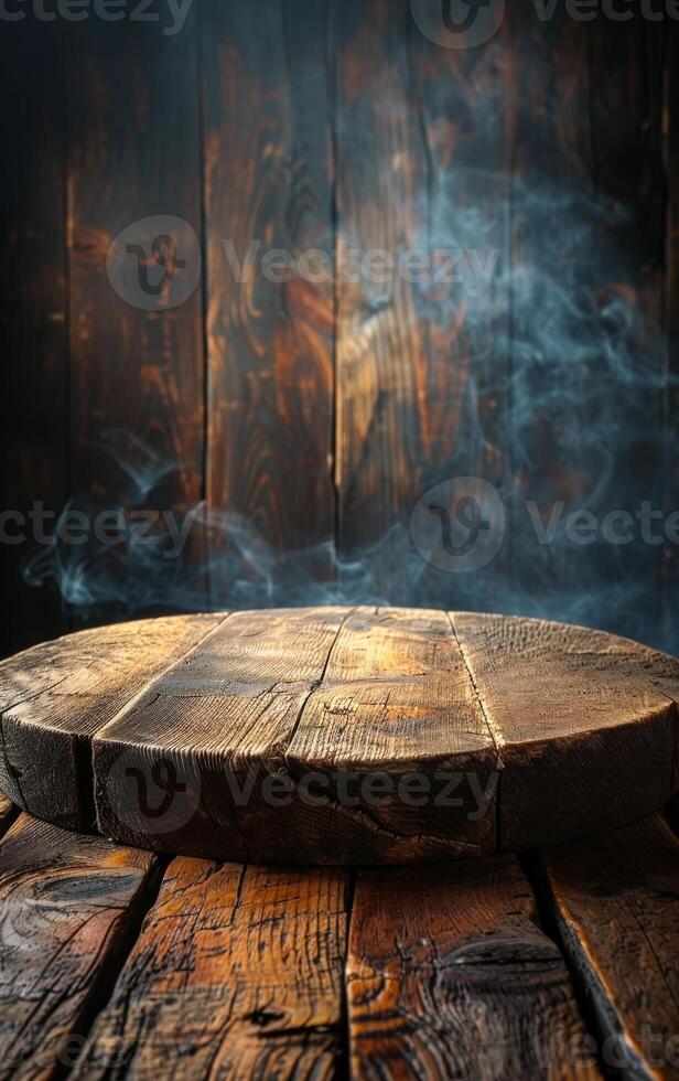 A wooden table with a round wooden board on top of it. The board is covered in smoke and the table is surrounded by wood photo