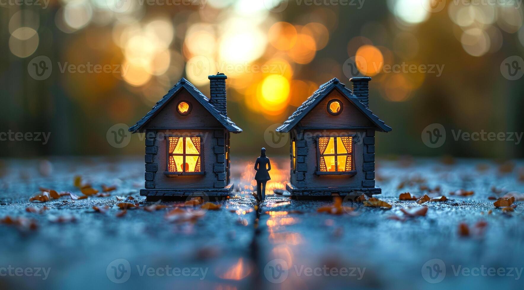 Two tiny houses are lit up and a person is walking between them. The houses are positioned close to each other, with one on the left and the other on the right photo