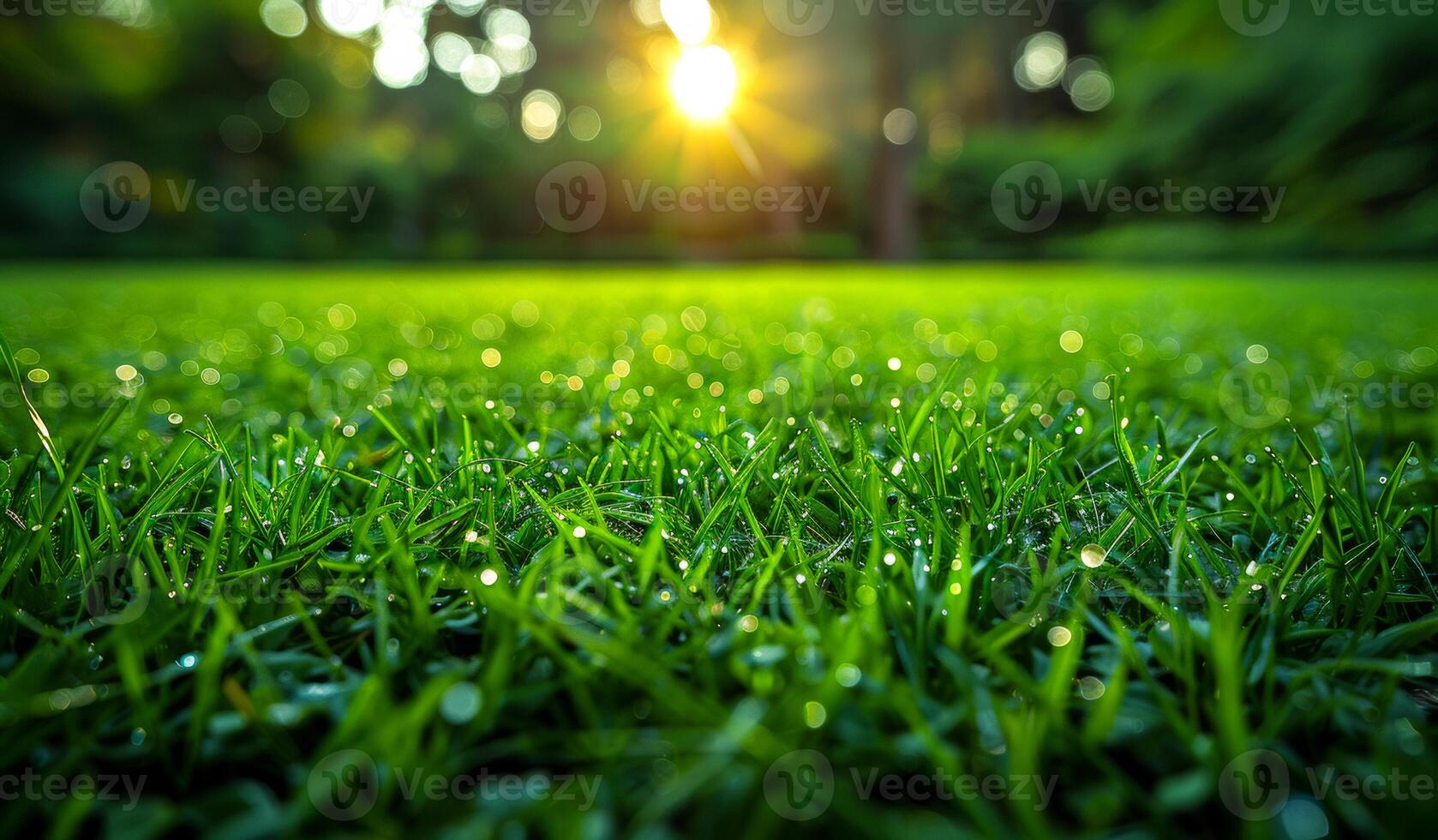 A lush green field with a bright sun shining on it. The sun is casting a warm glow on the grass, making it look fresh and inviting. The scene is peaceful and serene photo
