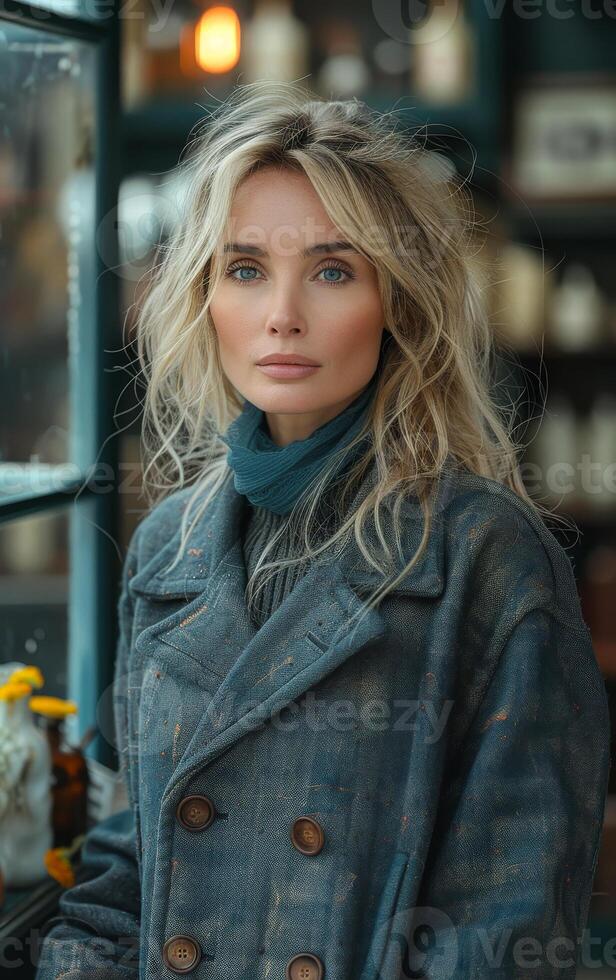 A woman with long blonde hair is standing in front of a window. She is wearing a blue coat and scarf photo