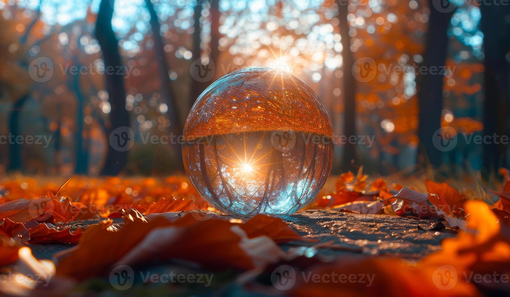 A glass ball is sitting on a pile of leaves. The ball is reflecting the sunlight, creating a beautiful and serene scene. Concept of peace and tranquility, as the natural elements of the forest photo
