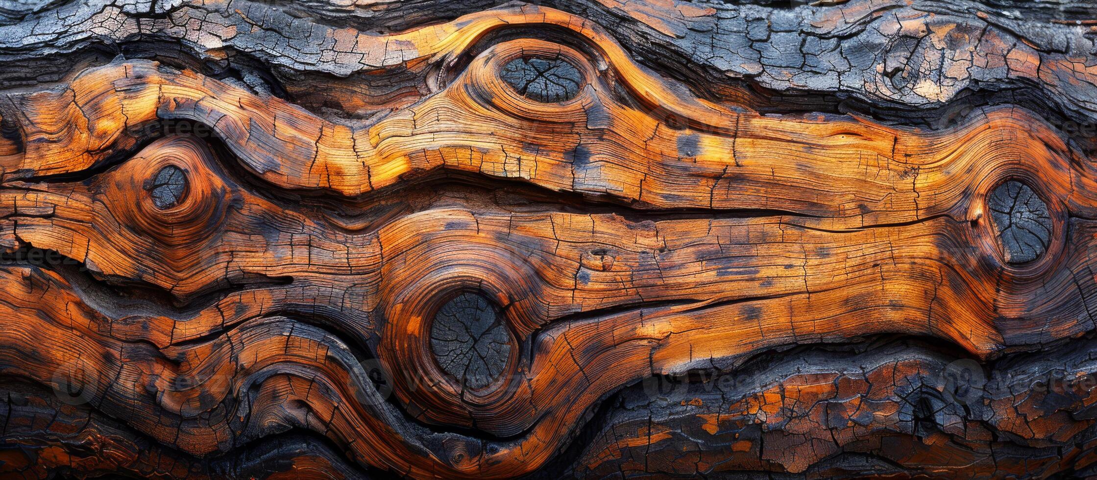 The wood has a burnt look to it, with dark spots and a rough texture. The wood appears to be old and weathered, with a sense of history and character photo