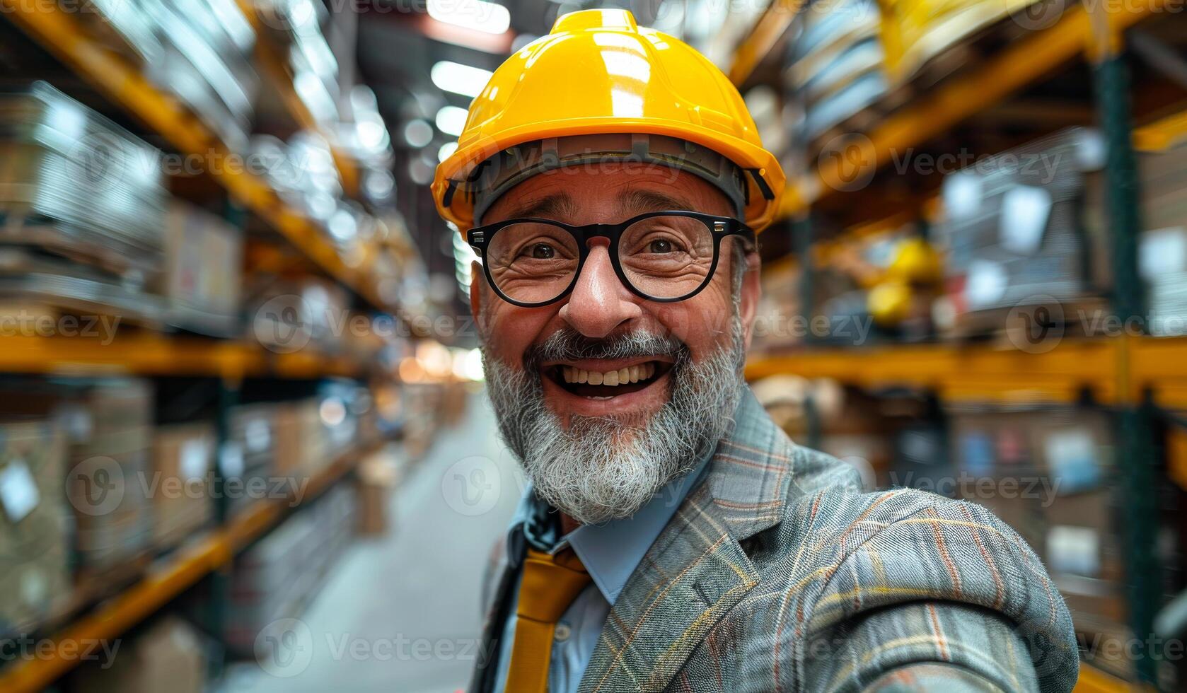 A man wearing a yellow helmet and glasses is smiling in a warehouse. He is holding a camera and taking a picture of himself photo