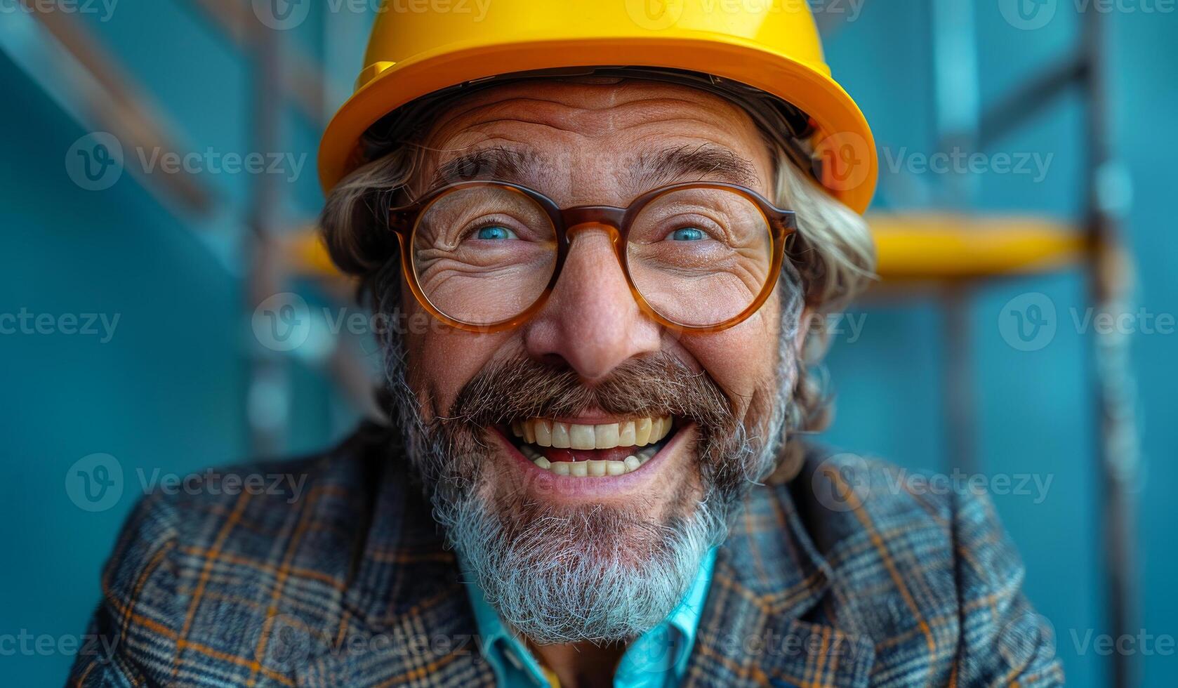 A man with a yellow hard hat and glasses is smiling. He is wearing a plaid jacket and a blue shirt photo