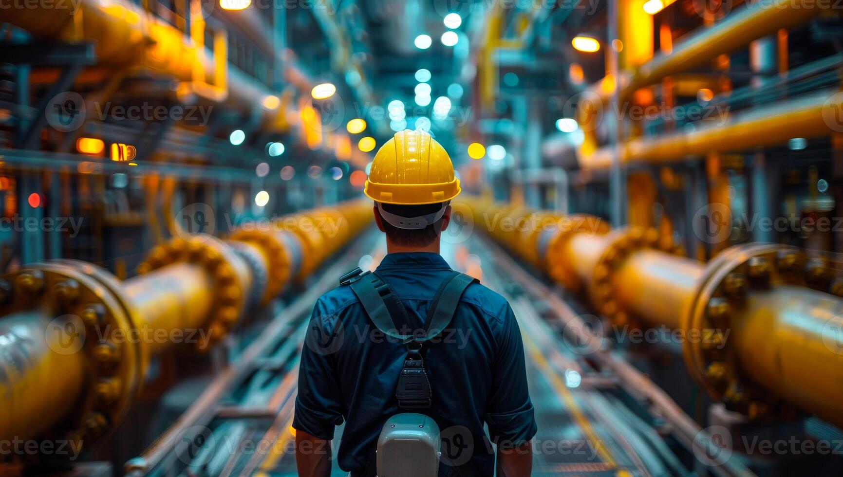 A man in a yellow helmet stands in front of a yellow pipe. Concept of caution and safety, as the man is wearing a hard hat and a harness photo