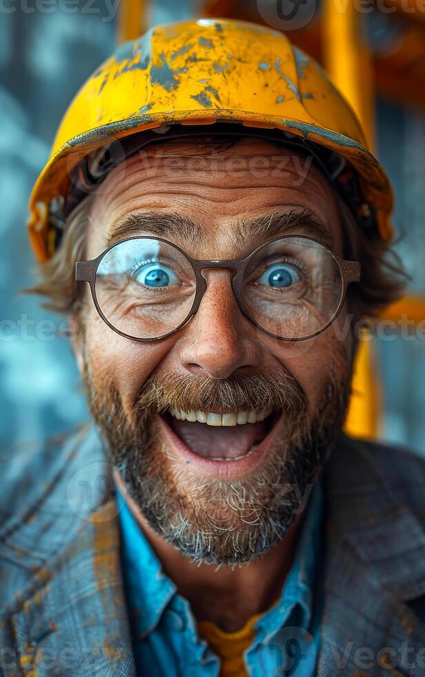 A man with a yellow hard hat and glasses is smiling and looking surprised. He is wearing a blue shirt and a gray jacket photo