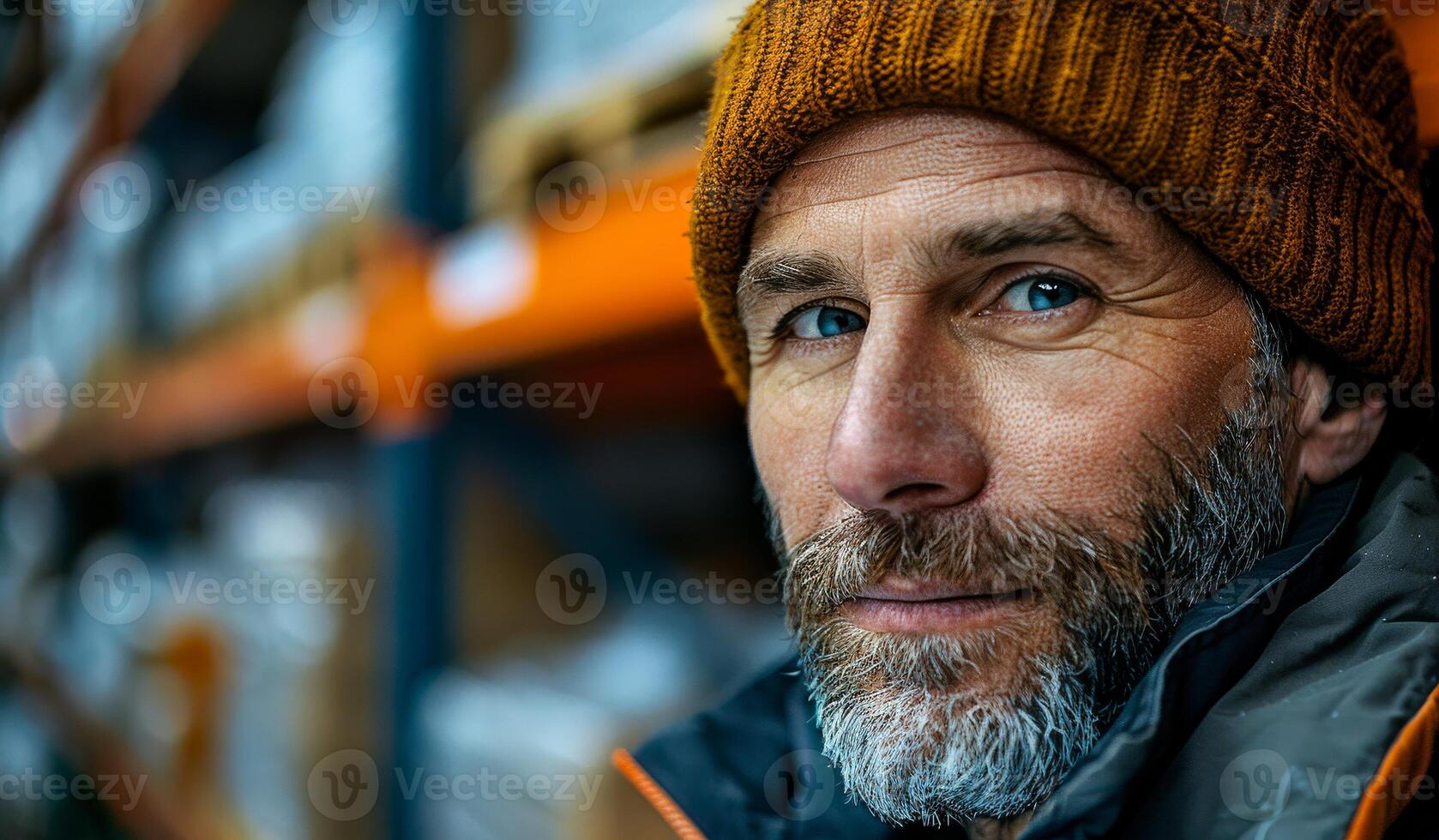 A man with a beard and a yellow hat is standing in front of a warehouse. He has a serious expression on his face photo