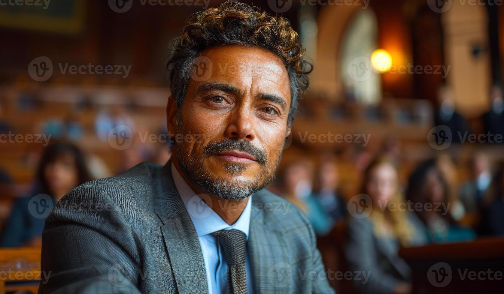 A man with a mustache and a tie is sitting in a room with a crowd of people. He is smiling and looking at the camera photo