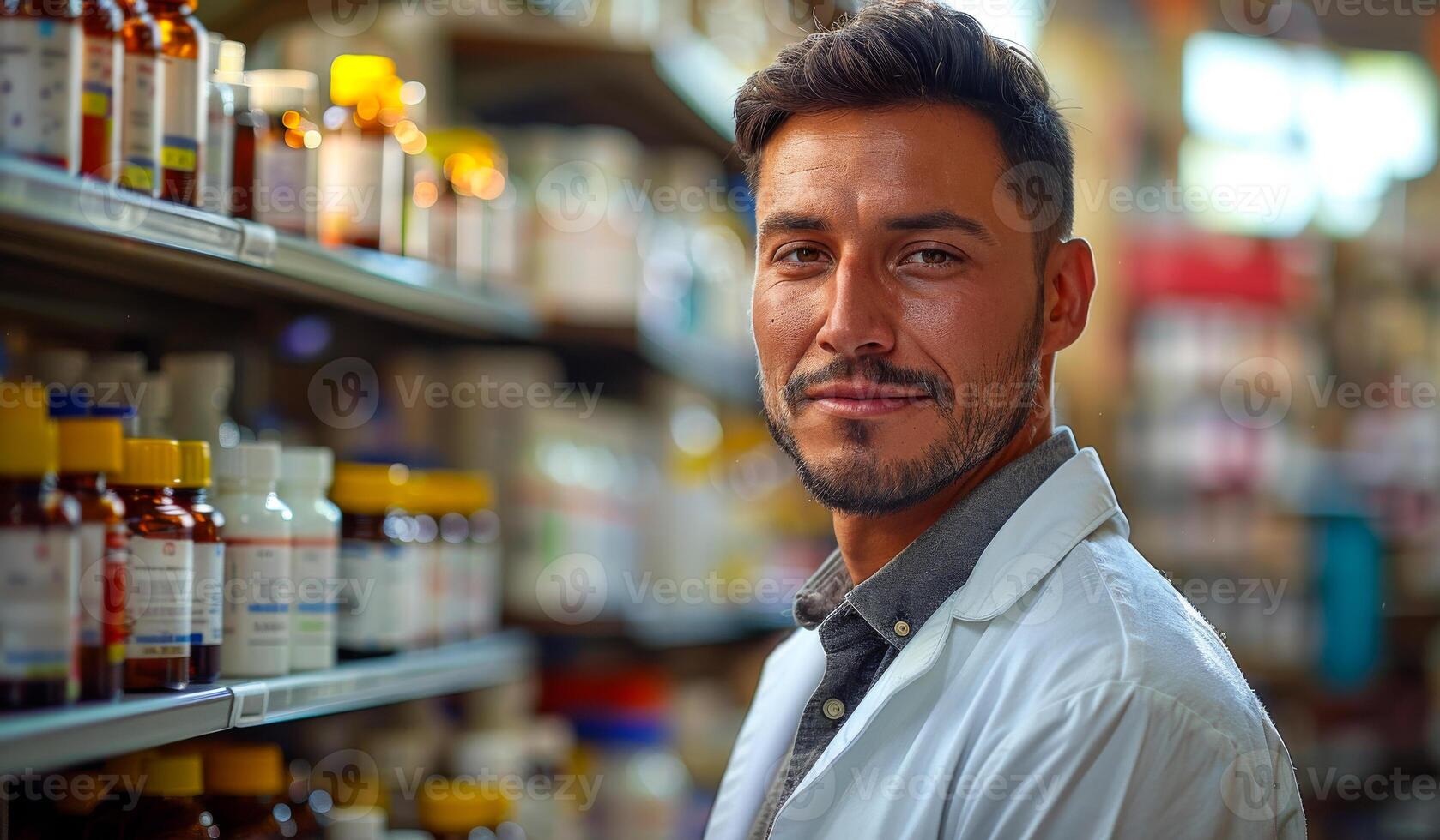 A man in a white lab coat stands in front of a shelf of medicine bottles. He is smiling and he is happy photo