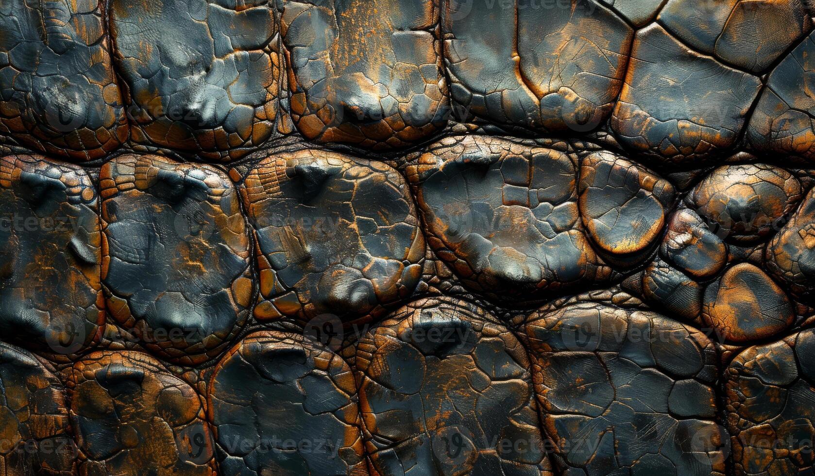 The image is of a crocodile's skin with a brown and black color. The skin appears to be old and worn, with a rough texture. Scene is one of ruggedness and toughness photo