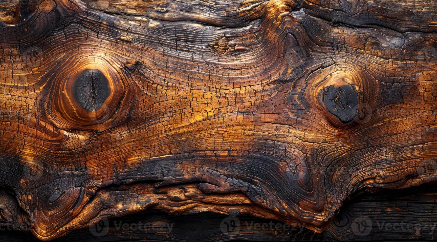 The wood grain is burnt and has a rough texture. The wood is old and has a rustic appearance photo
