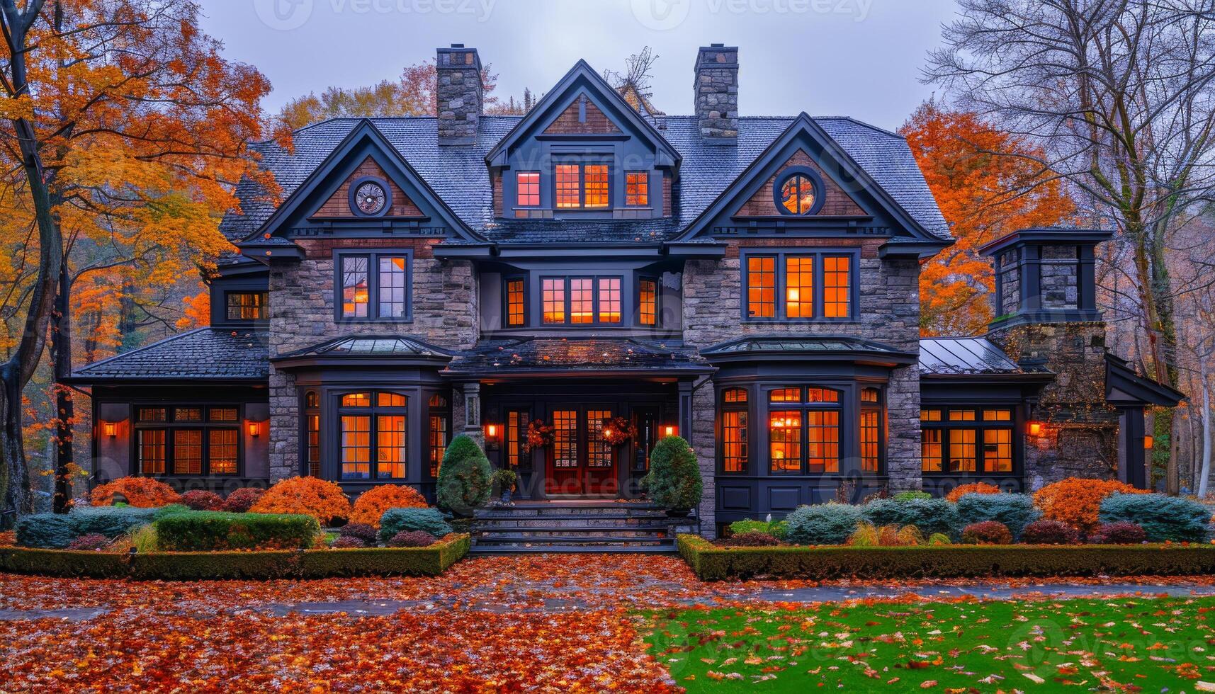 A large house with a lot of windows and a porch. The house is surrounded by trees and has a lot of leaves on the ground photo