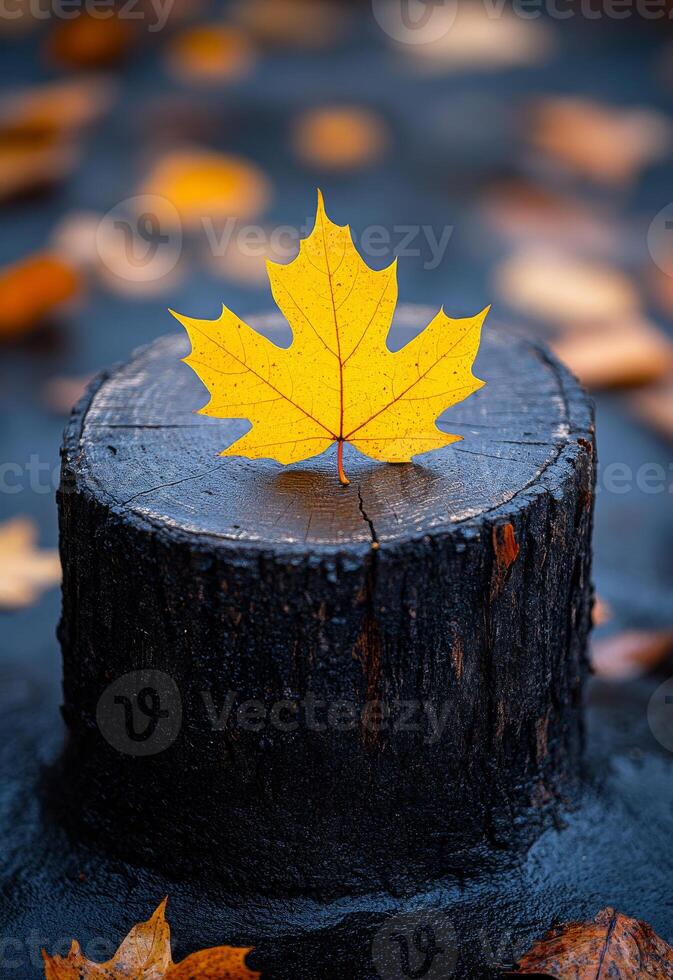A leaf is on top of a log. The leaf is yellow and the log is black. The image has a mood of autumn and the idea is that the leaf is a symbol of the season photo