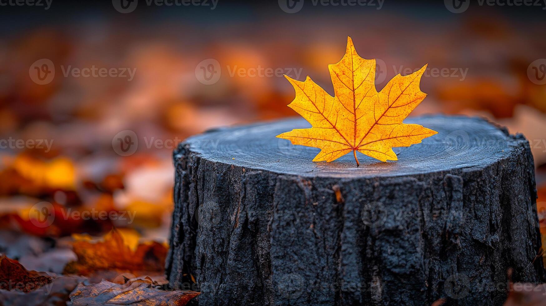 A leaf is on top of a log. The leaf is orange and the log is black. The image has a peaceful and serene mood photo