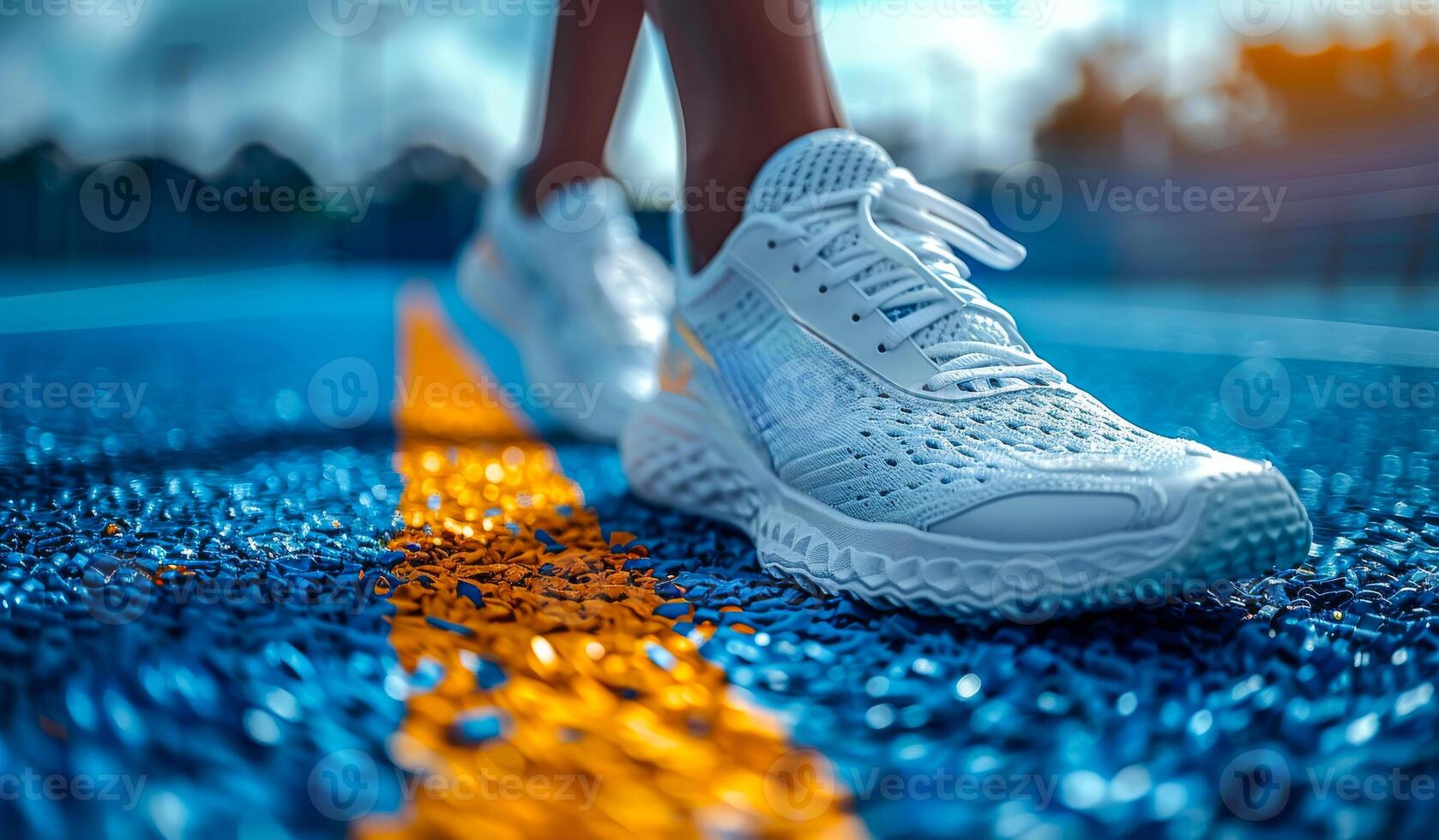 A person is wearing a white shoe and standing on a blue and yellow line. The shoe is white and has a yellow stripe photo