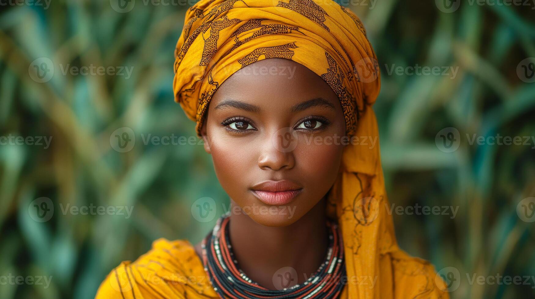 A woman wearing a yellow scarf and necklace. She has a beautiful face and is smiling. The scarf is colorful and the necklace is made of beads photo