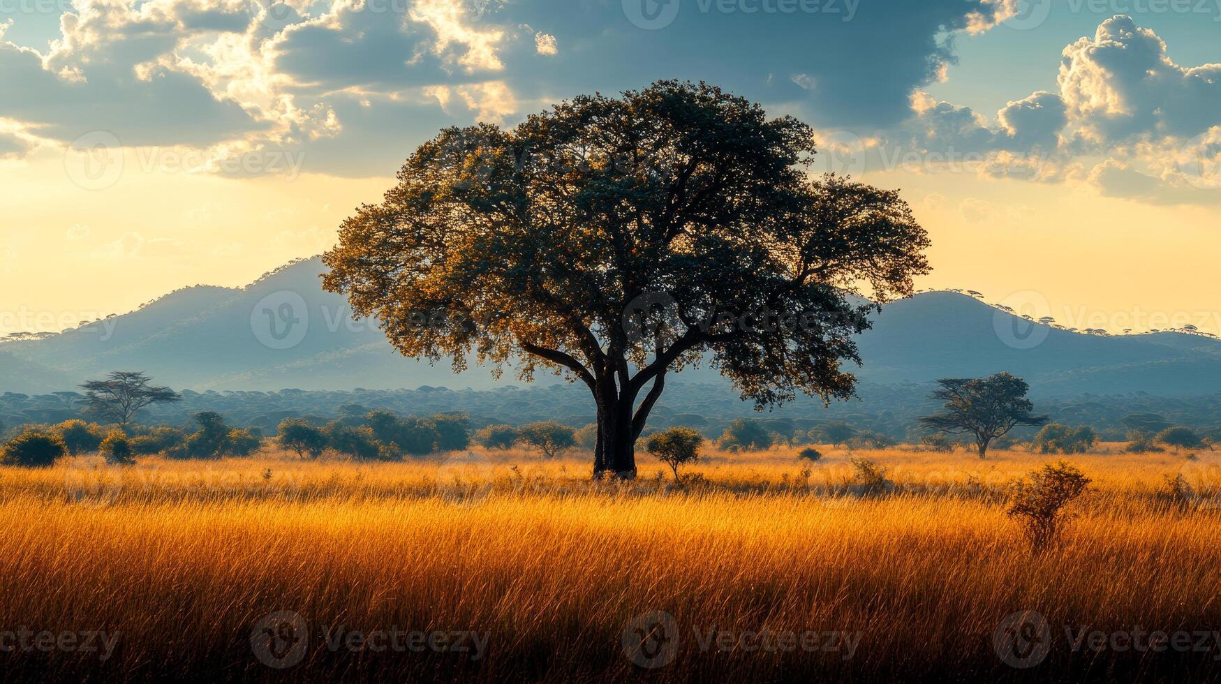 A large tree stands in a field of tall grass. The sky is cloudy and the sun is setting photo