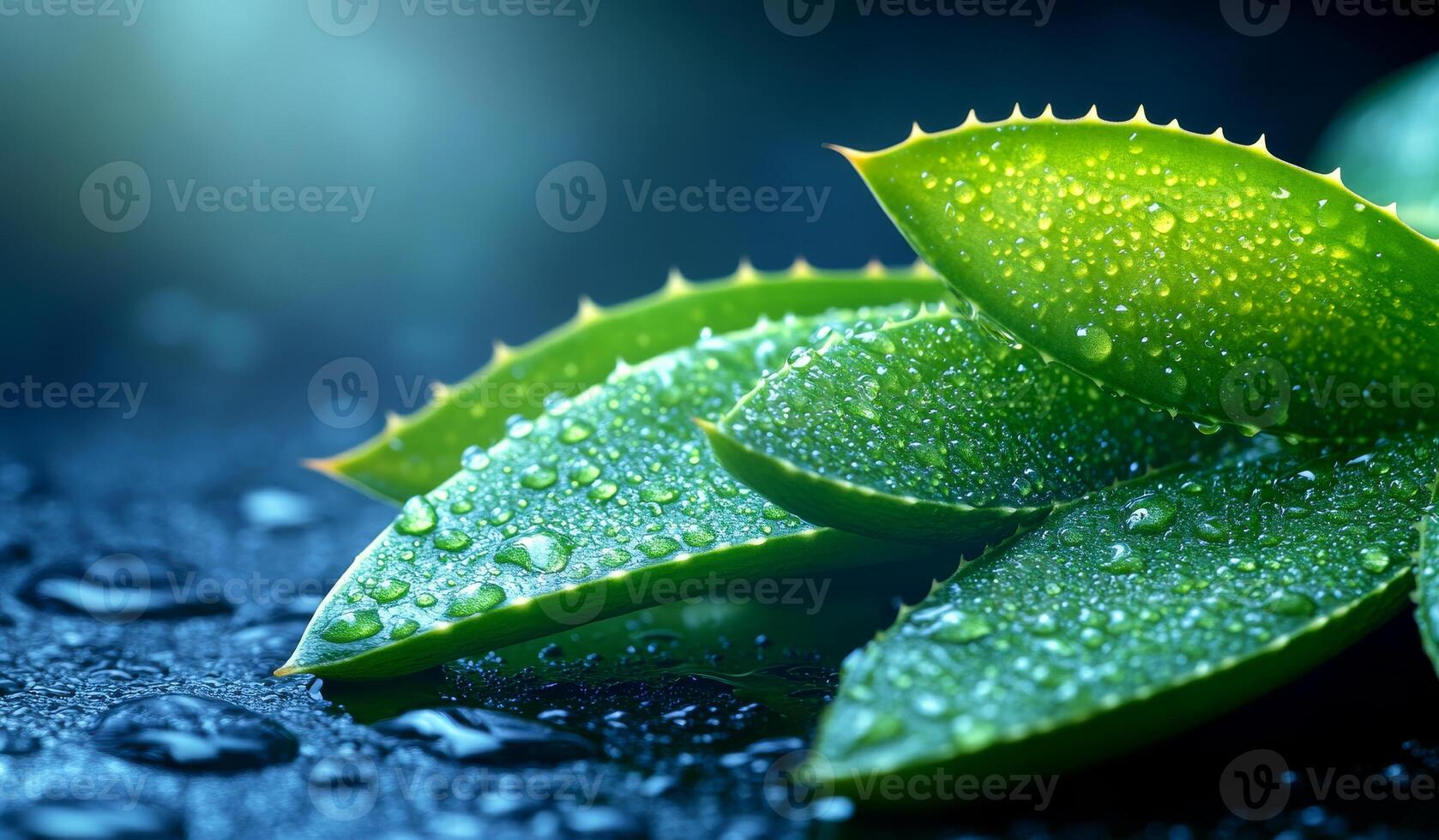 A leafy green plant with droplets of water on it. The droplets are small and scattered, giving the impression of a light rain. The plant is surrounded by a dark background photo