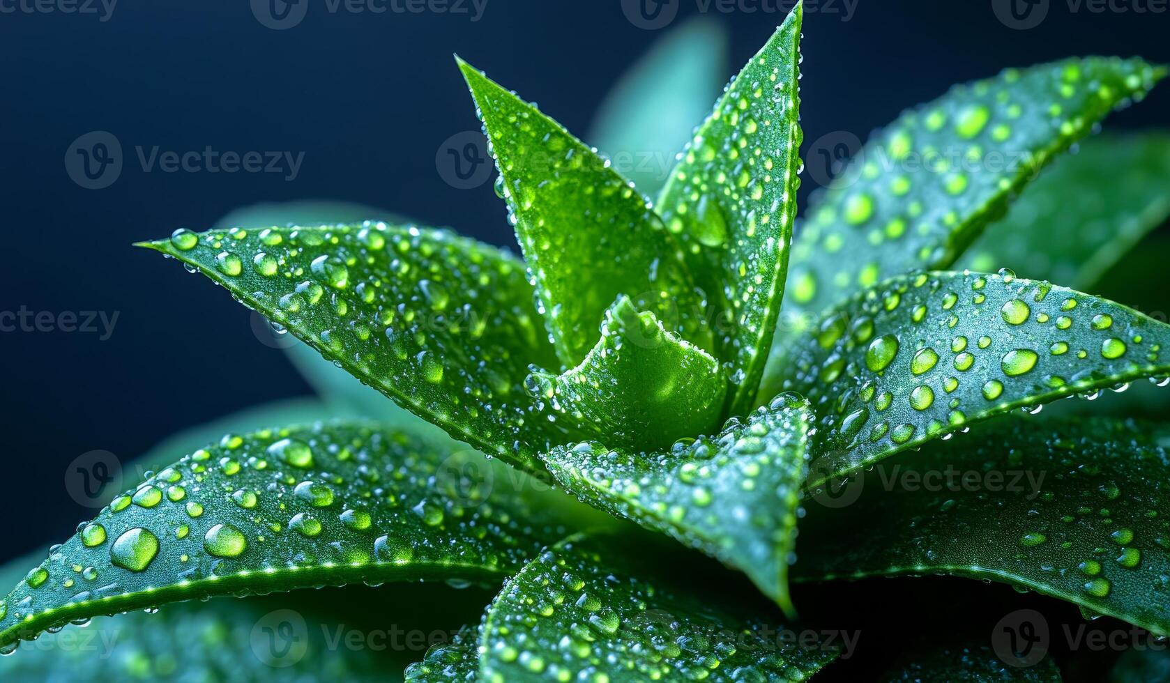 A green plant with droplets of water on its leaves. The droplets are small and scattered, giving the plant a fresh and lively appearance photo
