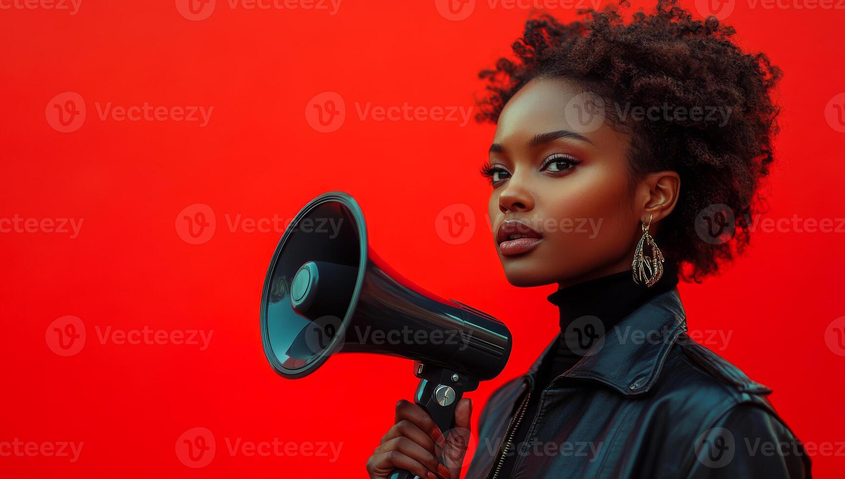 A woman with a microphone is standing in front of a red background. She is wearing a black jacket and gold earrings photo