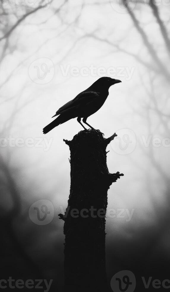A black and white photo of a crow perched on a tree branch. The image has a moody and mysterious feel to it, as the bird is the only visible element in the scene