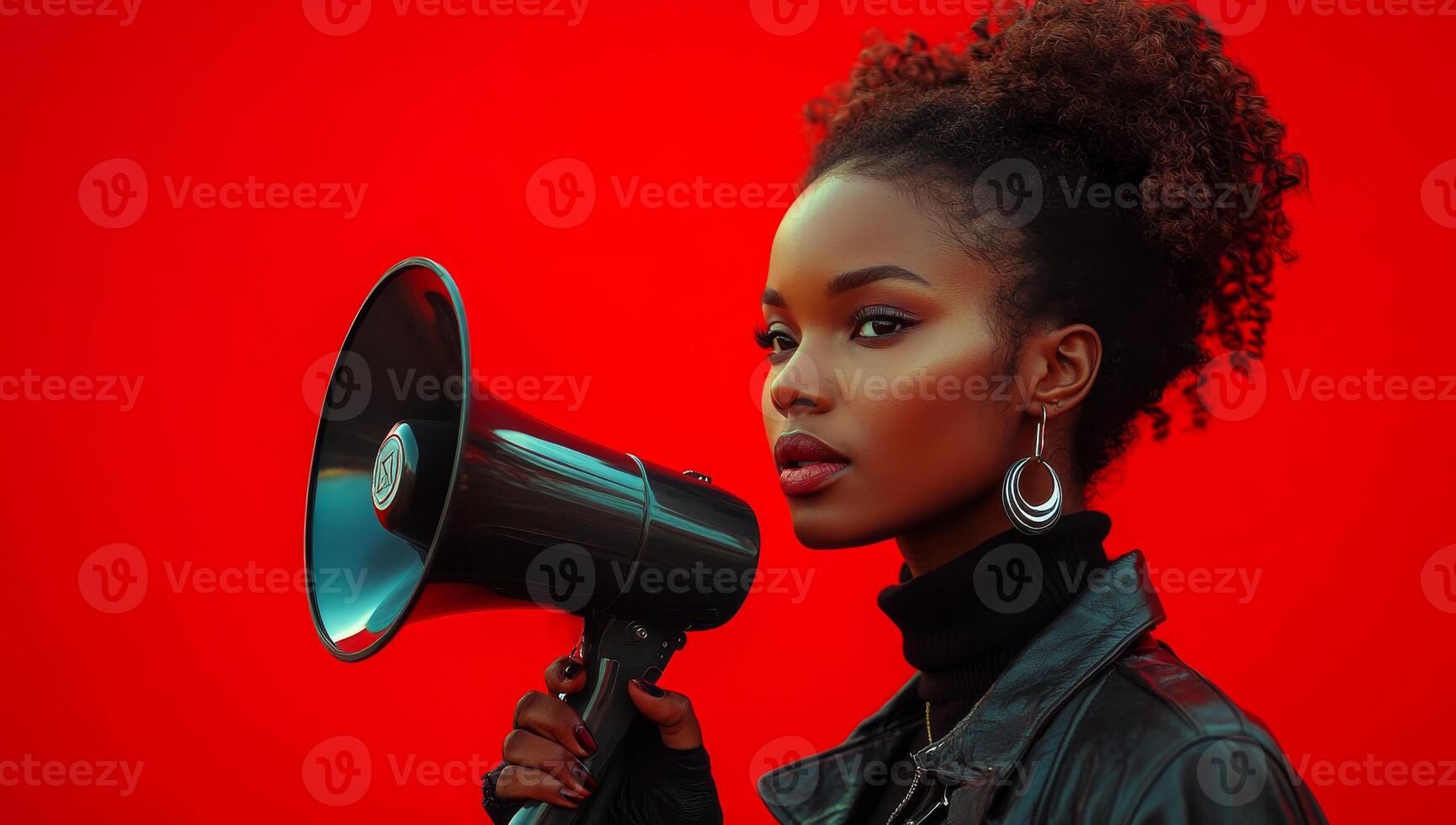 A woman with a microphone is standing in front of a red background. She is wearing a black jacket and a pair of earrings. Concept of empowerment and confidence, as the woman is holding a microphone photo