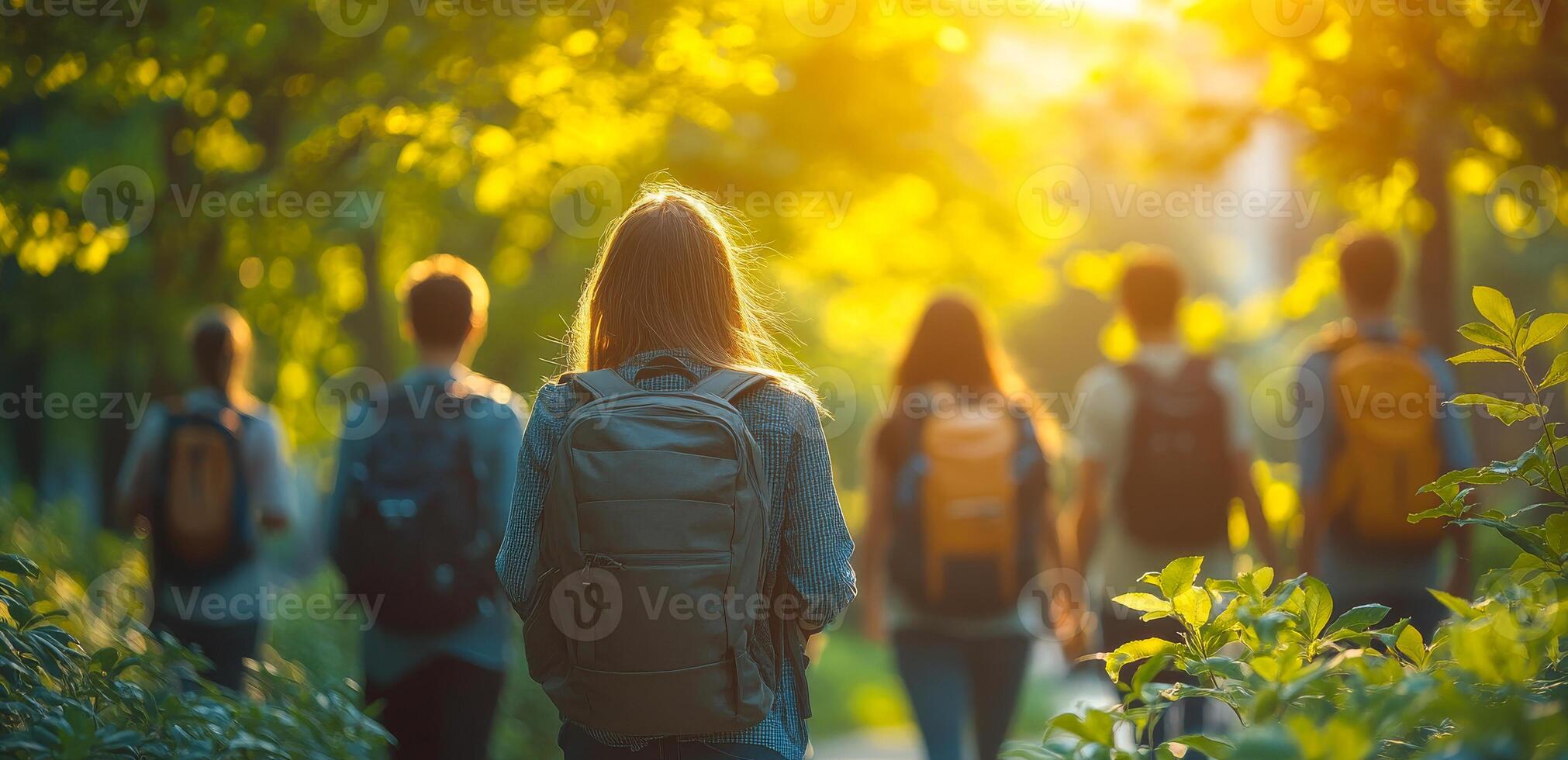 A group of people are walking through a forest, each carrying a backpack. The sun is shining brightly, casting a warm glow on the scene photo