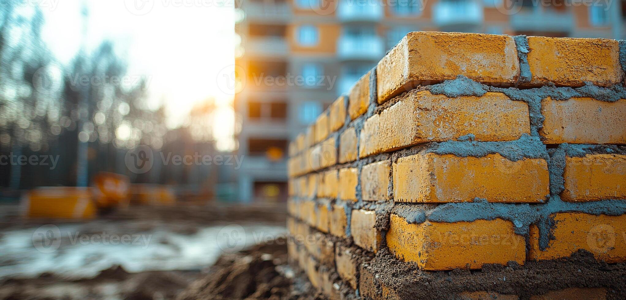 A brick wall is being built in front of a building. The bricks are yellow and the wall is still in the process of being constructed photo