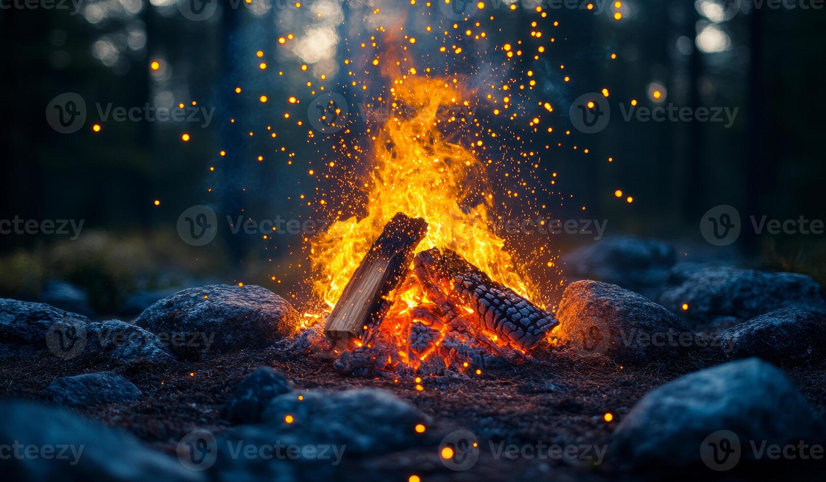 A fire is burning in a pile of wood. The fire is surrounded by rocks and the sky is dark photo