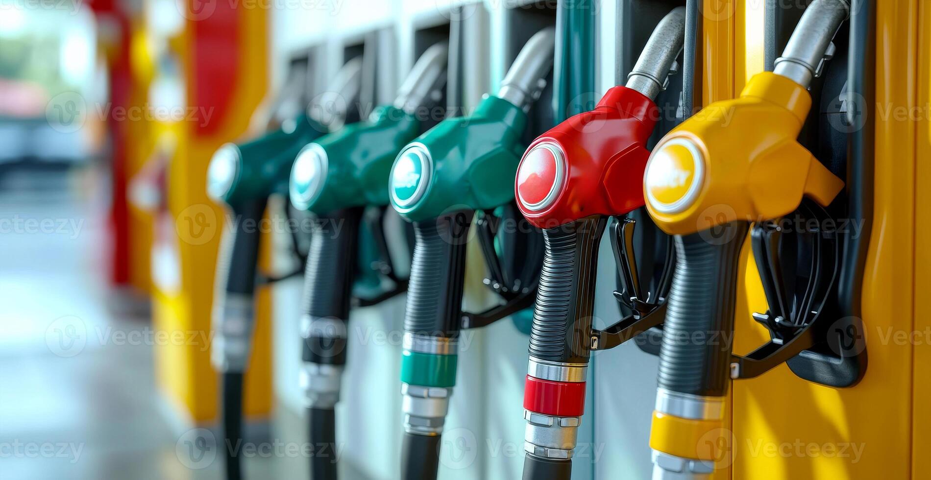 A row of gas pumps with different colored nozzles. The pumps are yellow, green, red, and blue photo