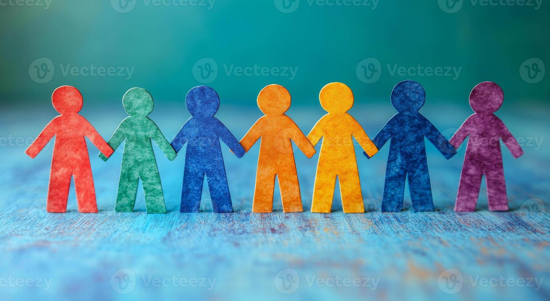 A group of people holding hands in a rainbow line. Concept of unity and inclusivity photo