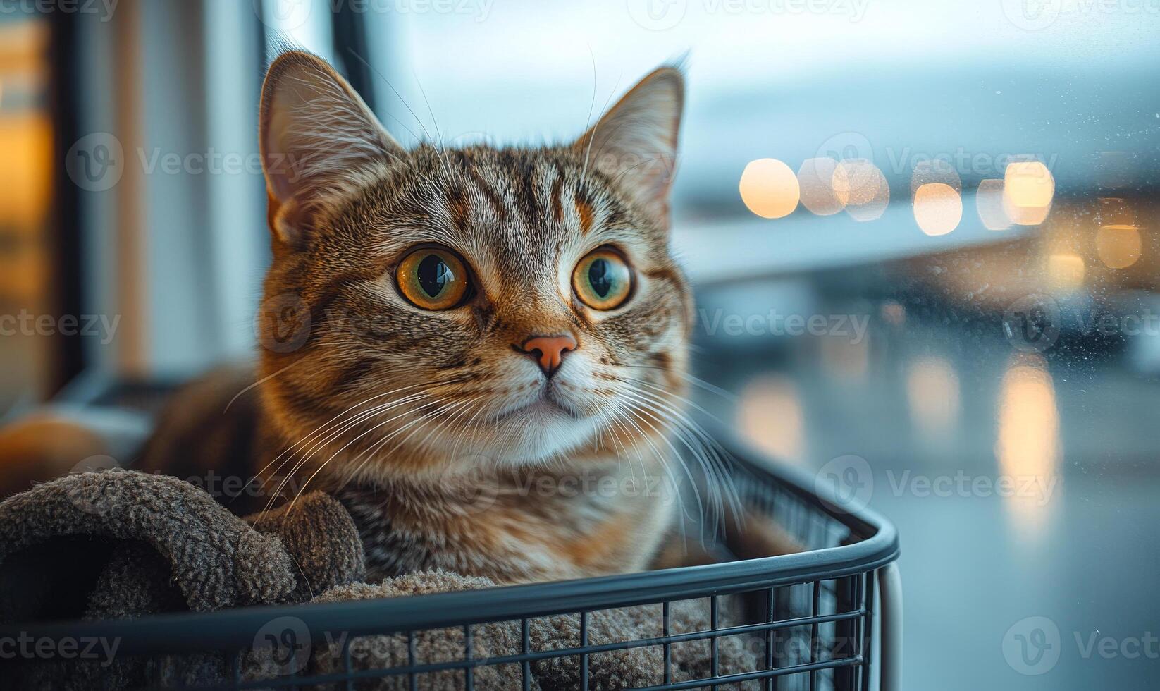 A cat is sitting in a basket with a blanket. The cat is looking at the camera with a curious expression photo