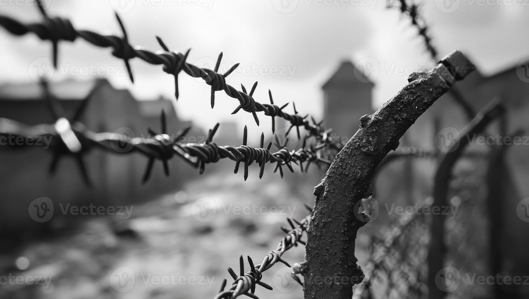 A fence with barbed wire on top of it. The fence is in front of a building photo