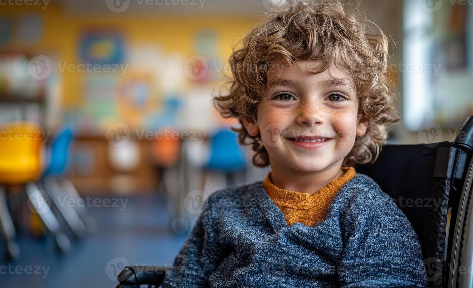 A young boy with curly hair is sitting in a wheelchair and smiling. The room is filled with chairs and a desk photo