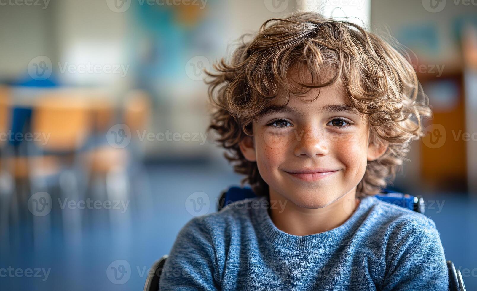 A young boy with curly hair is smiling and sitting in a wheelchair. The scene takes place in a classroom, with chairs and a dining table visible in the background photo