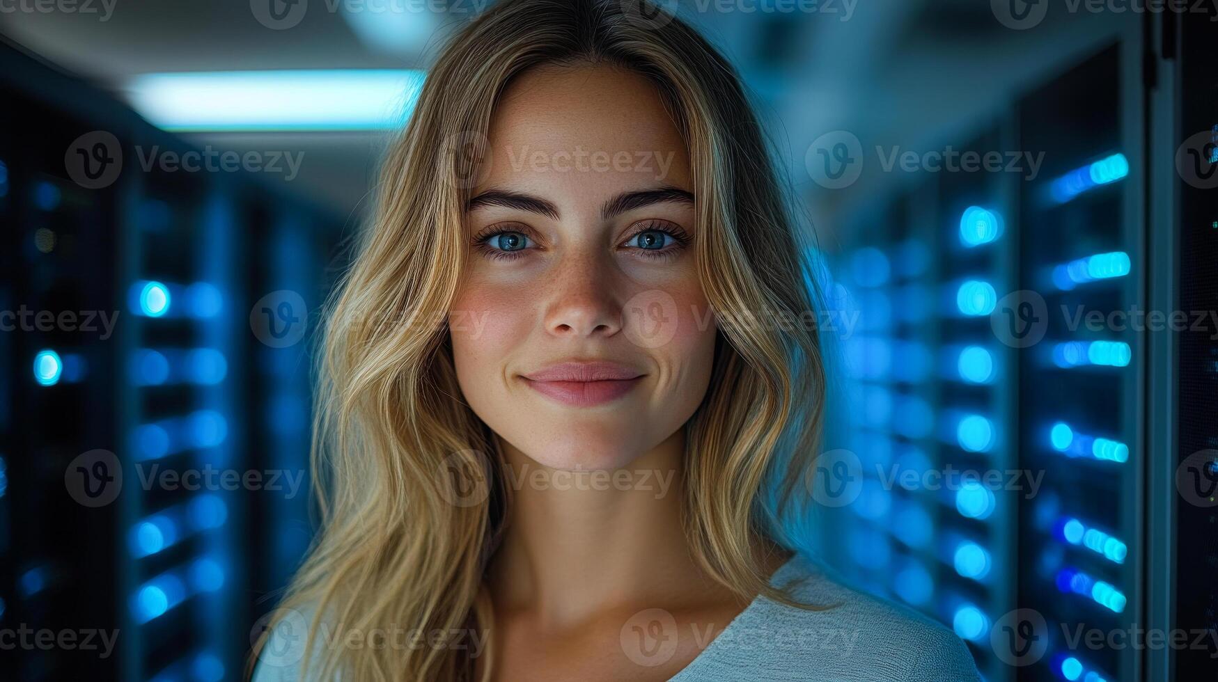 A woman with blonde hair and blue eyes is smiling at the camera. She is wearing a white shirt and standing in front of a blue wall photo