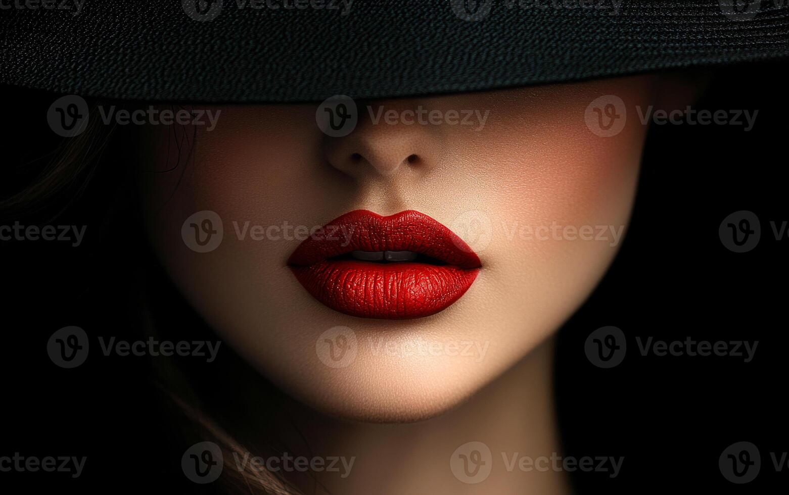 A woman with a bold red lipstick and a black hat is the main focus of the image. The hat is positioned above her nose, partially obscuring her face. The woman's lips are painted a vibrant red photo
