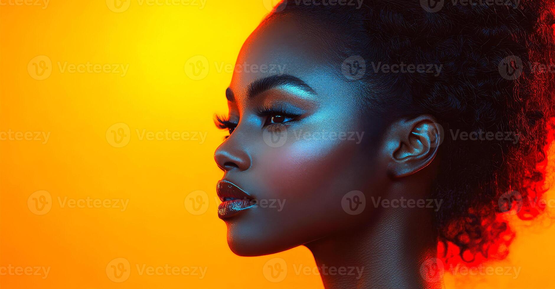 A woman with a dark complexion and long hair is standing in front of a yellow background. She is wearing a lot of makeup, including eye shadow and lipstick. Scene is bold and confident photo