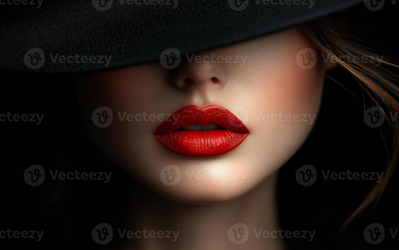 A woman with a bold red lipstick and a black hat is the main focus of the image. The hat is positioned above her face, partially covering her nose and mouth photo