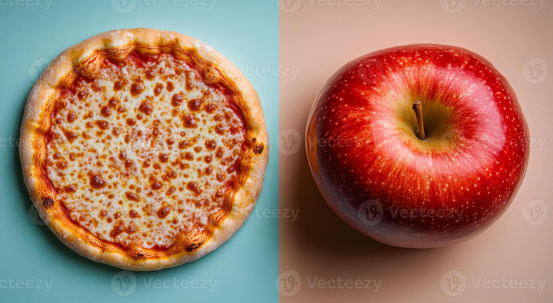 A pizza and an apple are shown side by side. The pizza is covered in cheese and has a crust, while the apple is red and shiny. Concept of contrast between the two foods photo