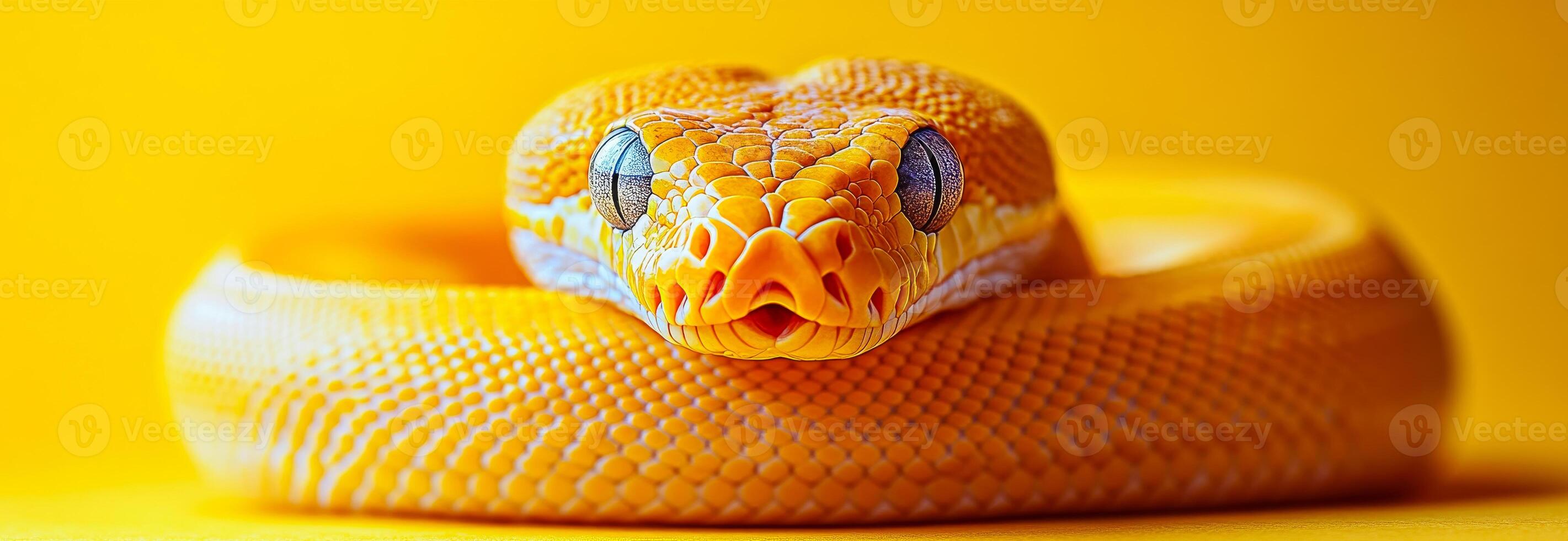 A yellow snake is laying on its side on a yellow background. The snake is looking at the camera photo