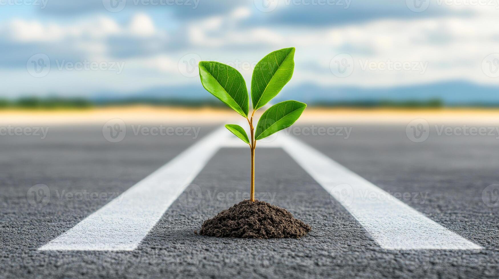 A small green plant is growing in the middle of a road. The road is empty and the sky is cloudy photo
