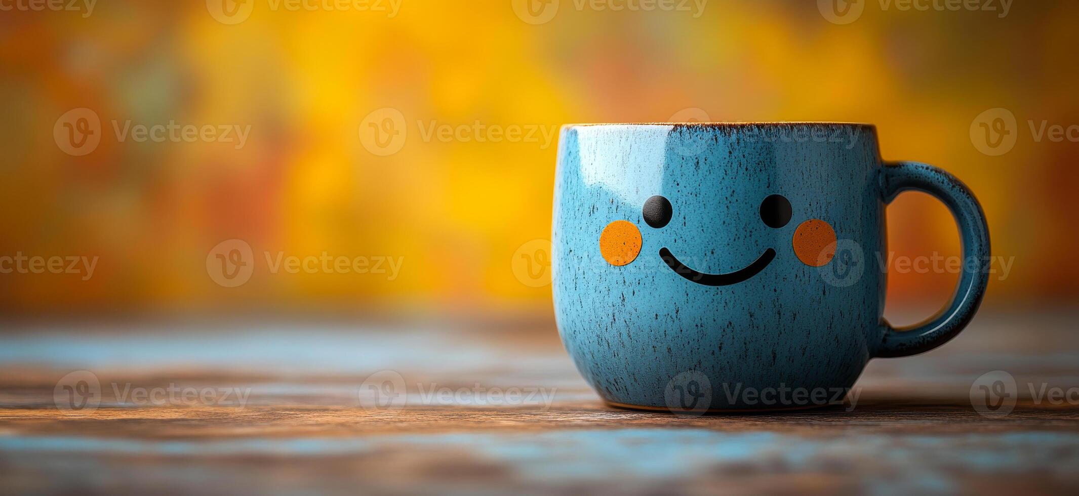A smiling blue mug sits on a wooden table. The mug is decorated with a smiley face and is placed in the center of the table photo