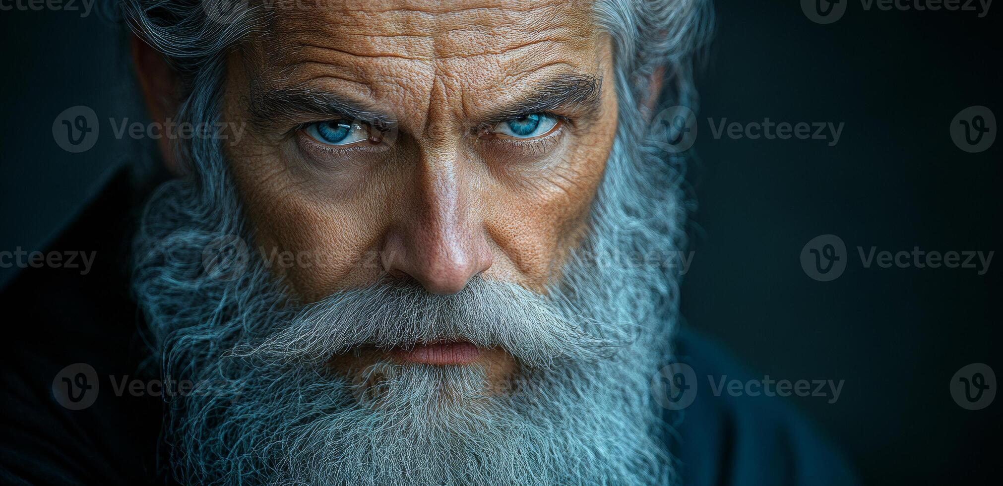 A man with a beard and blue eyes. He has a serious look on his face photo