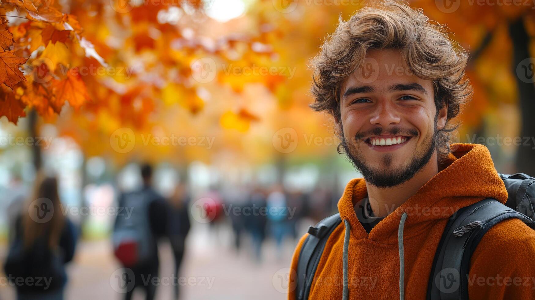 A young man wearing a hoodie and backpack is smiling for the camera. He is surrounded by other people, some of whom are carrying backpacks as well. The scene appears to be a casual outdoor setting photo