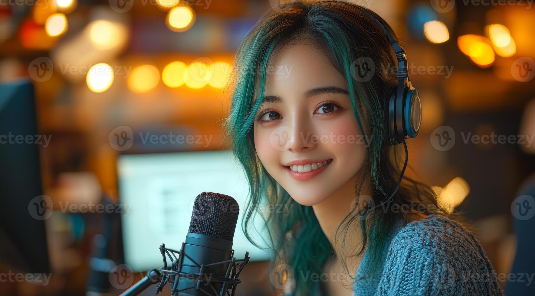 A woman with green hair is smiling and wearing headphones. She is in front of a microphone. Concept of happiness and positivity photo