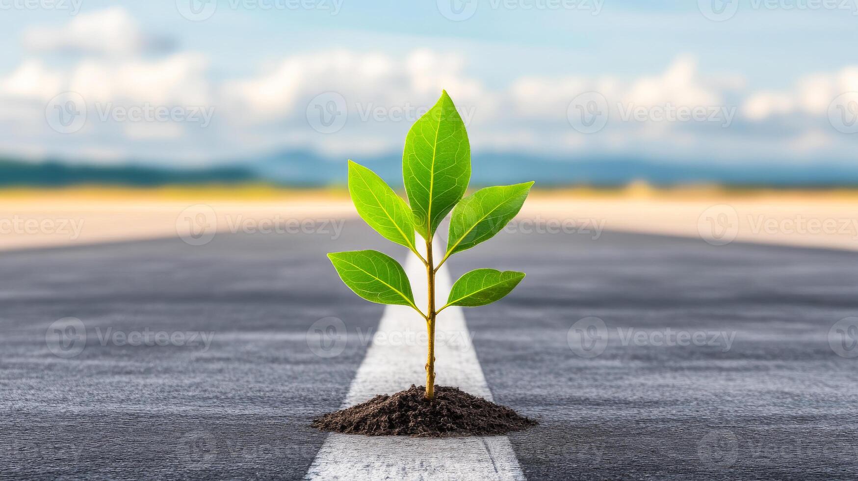 A small green plant is growing in the middle of a road. The road is empty and the sky is blue photo