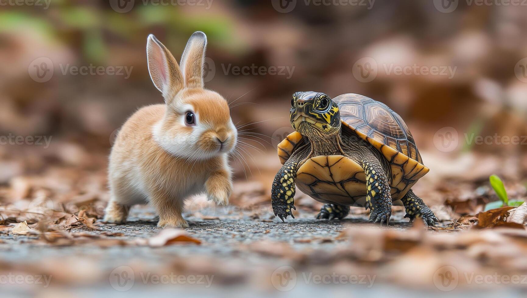 A rabbit and a turtle are standing next to each other, with the rabbit looking at the turtle and the turtle looking at the rabbit. The scene is peaceful and calm photo